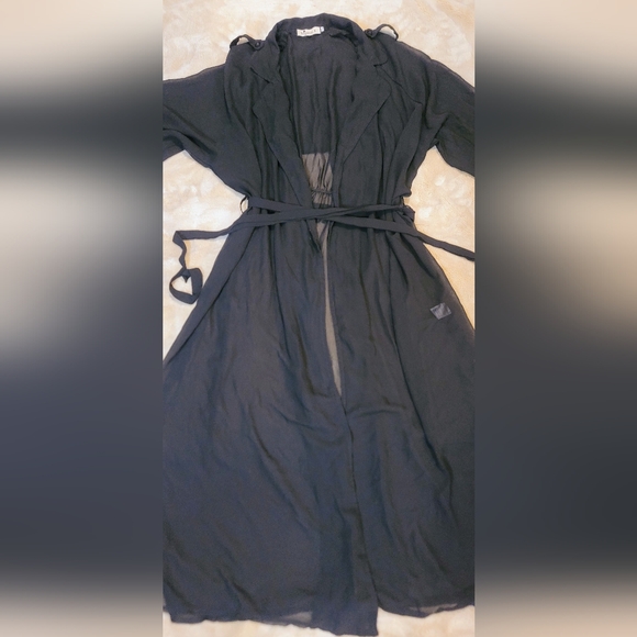 Begonia.K Sheer Black Collared Midi Robe Jacket Cover-up Size XL - Picture 4 of 6